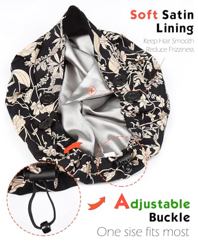 Fall Satin Lined Bouffant Scrub Nurse Cap with 4 Buttons and Sweatband - Adjustable