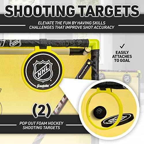 Franklin Sports Mini Hockey Goal Set - Indoor Knee Hockey Goal + (2) Shinny Hockey Sticks - (2) Mini Foam Hockey Balls + Pop Out Shooting Targets - All Star, Yellow, 32" X 21" X 12"