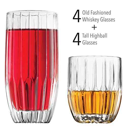 Godinger Drinking Glasses Set - 8pc Barware Set, Highball & Whiskey Glasses - 4 Highballs (12oz) and 4 Whiskey Glasses (10oz)