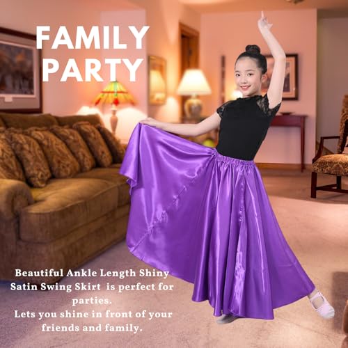 Girls Satin Full Circle Dance Skirt 360 Degree Black Long Swing Skirt for Girls 8-12 Years
