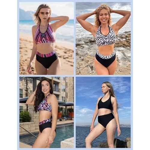 AI'MAGE Bikini Sets for Women High Waisted Two Piece Bathing Suit Tummy Control Swimsuits Halter Color Block Swimwear 2025