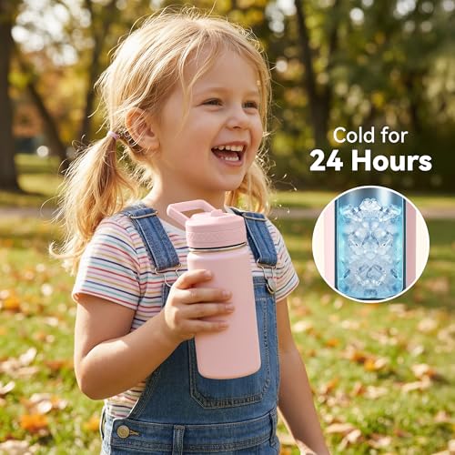 Kids Insulated Water Bottle with Straw - Pink 12 oz Stainless Steel Toddler Cup