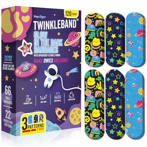 Glow in The Dark Bandages - 120 Assorted Fun Cute Colored Flex Fabric Adhesive Bandage Refill Kit for Toddler Kids - Pretty Colorful Cool Children Bandage Variety Pack for Boys & Girls Cuts Scrapes