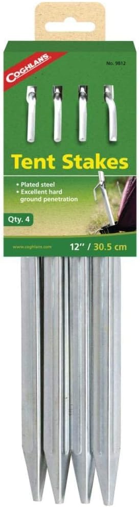 Coghlan's Heavy-Duty Steel Tent Stakes for Secure Camping, Galvanized Durable Outdoor Anchors, Ideal for Tents, Tarps, and Shelters in Hard or Soft Ground, 12" 4-Pack
