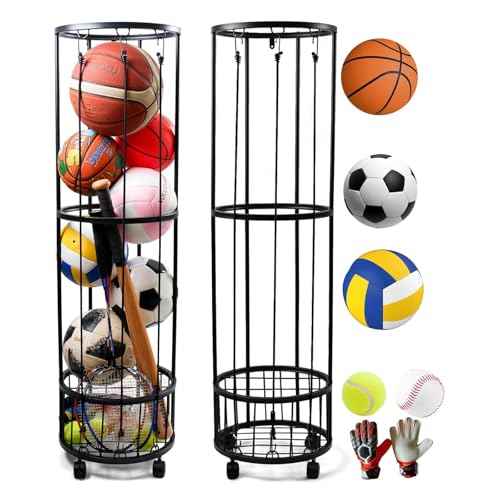 Upgrated Ball Storage Rack with Small Bottom Ball Holder, 3 Adjustable Elastic Cords Sports Equipment Organizer, Wall-Mounted Basketball Rack for Indoor,Outdoor,Home,Garage