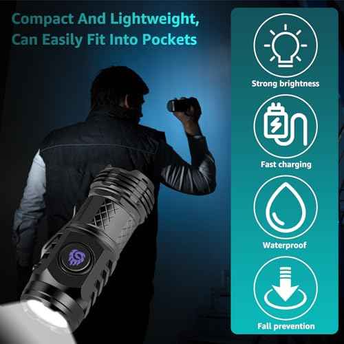 2Pcs German Three-Eyed Monster Mini Flashlight, Super Power Thumb Light with Clip, Portable LED Torch (Black+Silver)