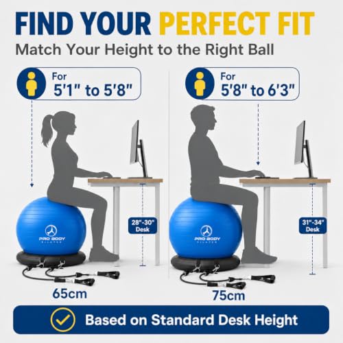 ProBody Pilates Yoga Ball Chair with Resistance Bands - Blue, 75 cm