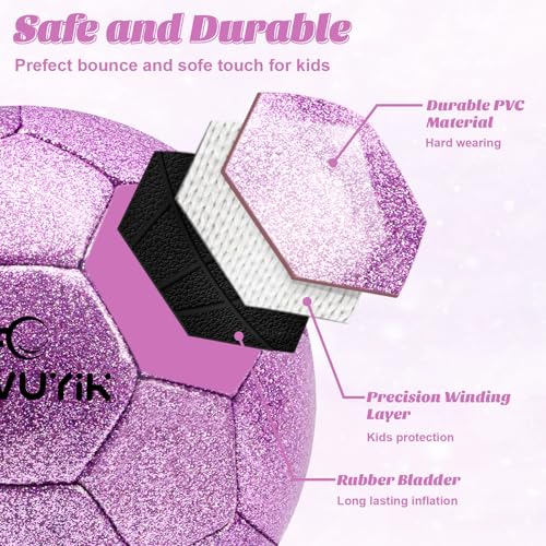 Glitter Purple Soccer Ball Size 3 with Pump for Kids Toddlers & Teens
