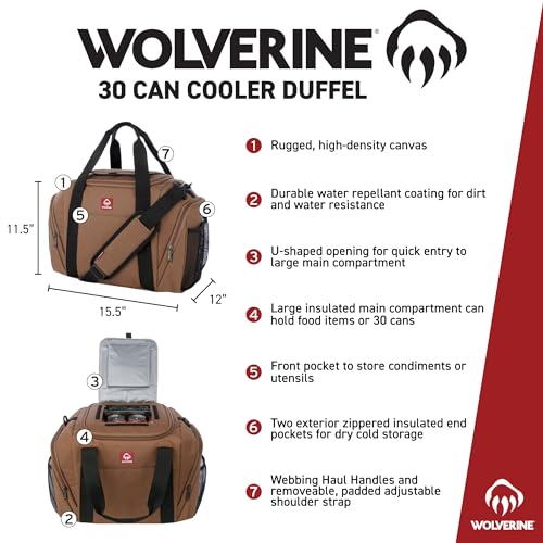 Wolverine Duffel Coolers | 30 Can Capacity | Insulated | Reusable | Heavy Duty | Adjustable | Travel | Worksite | Outdoor | Tailgating | Durable | Polyester Canvas | Large Capacity - Black