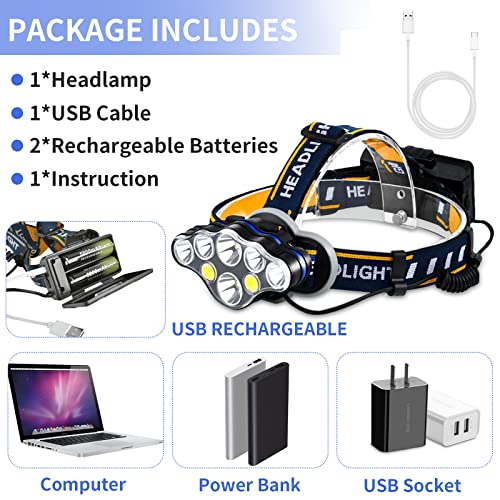 Rechargeable Headlamp 8 LED 18000 Lumens Waterproof Headlight with Red Lights - Yellow / 1