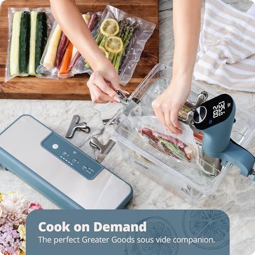 Greater Goods Vacuum Sealer ? Powerful, Compact, with 4-in-1 Functions, Built-in Cutter, and Vacuum Seal Bags, Ideal for Sous Vide and Food Storage (Stone Blue)