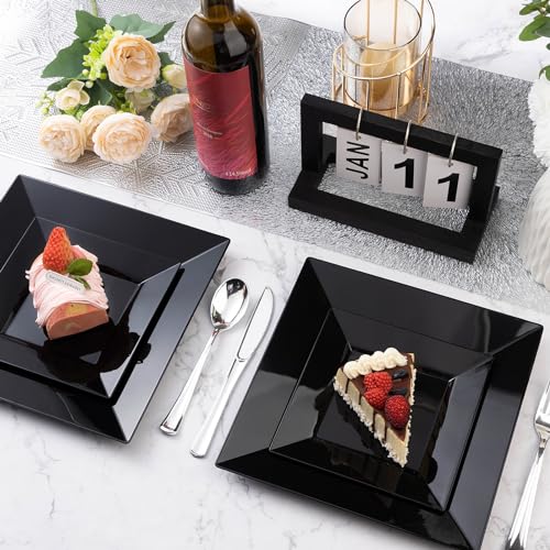 Black Square Plastic Plates Set 100 Pack - 9.5" & 6.5" Disposable Dinnerware