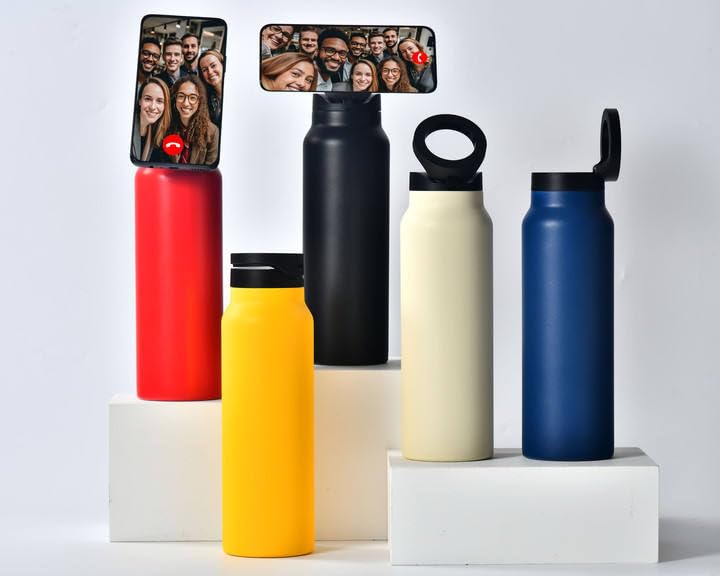 EZYME Magnetic Phone Holder Water Bottle - Stainless Steel Hot & Cold Insultaed Water Bottle w/Tripod Phone Holder (Blue)