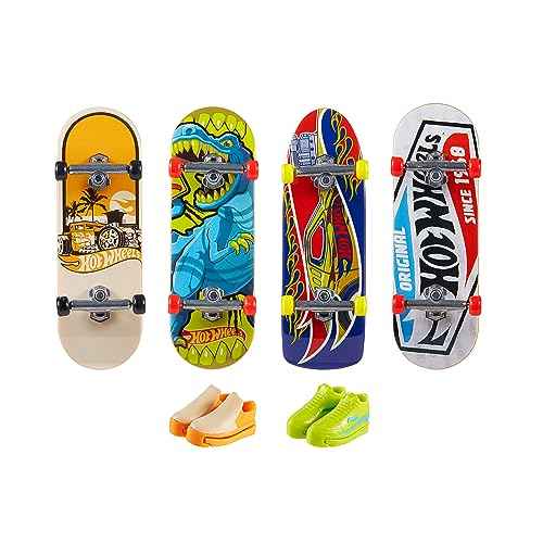 Hot Wheels Skate 4 Fingerboards & 2 Pairs of Removable Skate Shoes, Tricked Out Pack of Fully Assembled Boards, 1 Exclusive Set