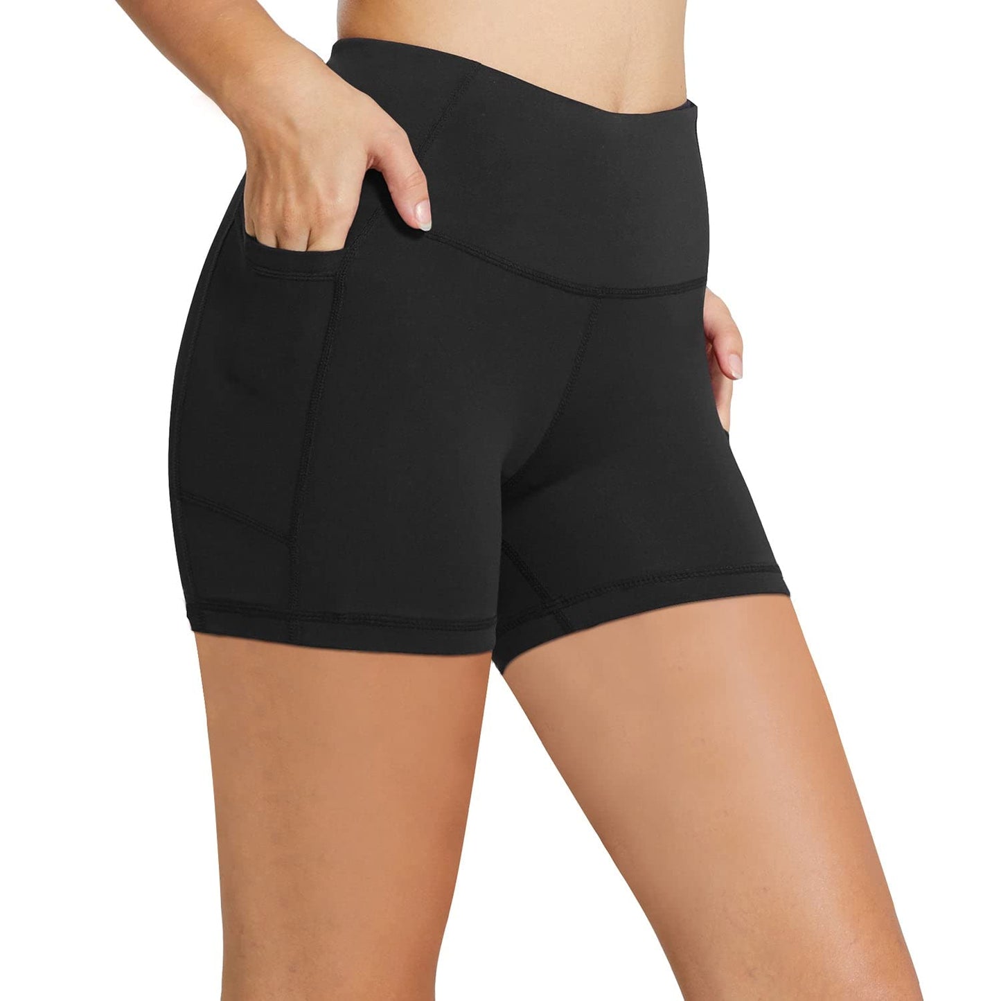 baleaf Biker Shorts for Women 5" Workout Yoga Gym Spandex Running Volleyball Compression Tummy Control Short with Pockets Black L