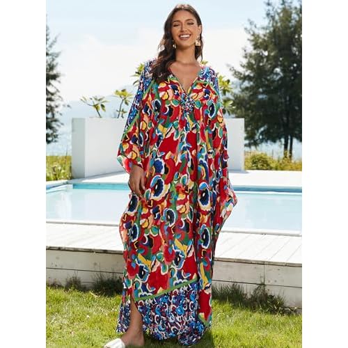 Women Kaftan Dresses Plus Size V-Neck Batwing Sleeves Beach Cover Up 2025 Summer Floral Print Caftan Dress