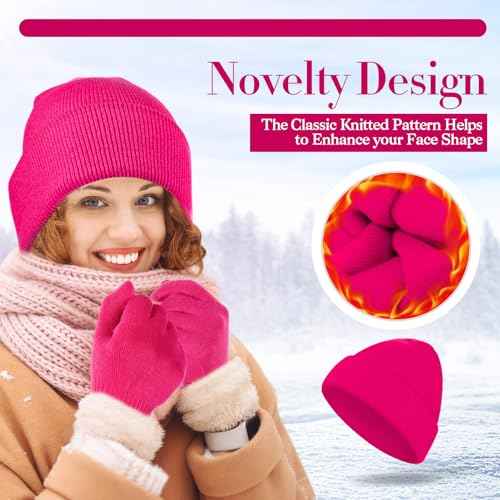Winter Beanie Hat Gloves Set, Soft Knitted Hat Stretchy Gloves Warm Skull Cap Set for Women Men Gifts