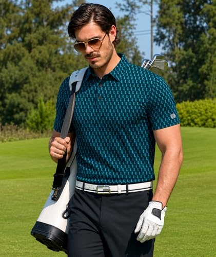 Men's Golf Polo Shirt Short Sleeve Moisture Wicking Print XL Blue Green Seahorse