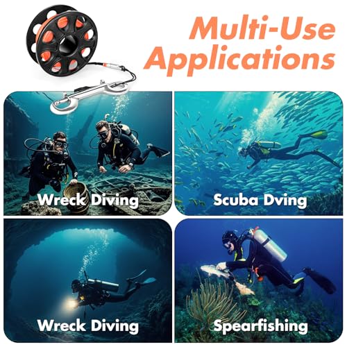 100FT Compact Scuba Diving Reel, Plastic Finger Spool Dive Reel with Stainless Steel Double-Ended Bolt Snap for Underwater Sports, Wreck Cave Diving, Snorkeling, Spearfishing (Black)