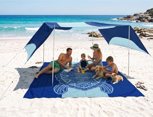 Blue Sea Turtle Beach Blanket Waterproof Sandproof with Stakes & Carry Bag