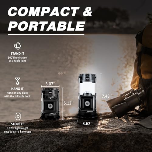 DIBMS 2-Pack Solar Camping Lantern & Emergency Flashlight - Black, Collapsible & Rechargeable