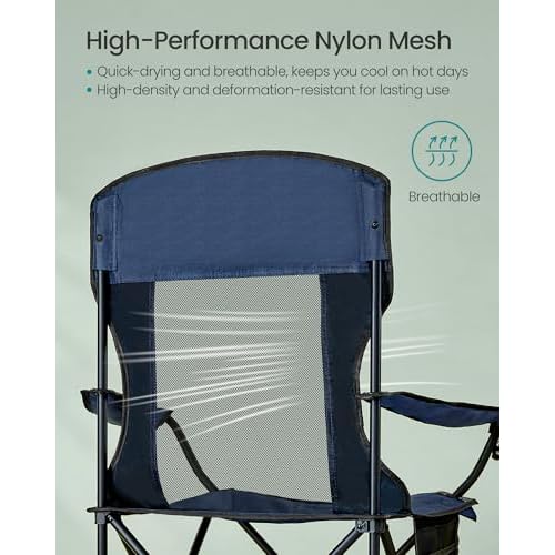 SONGMICS Breathable Camping Chairs, Foldable Outdoor Chairs Set of 2, High Back, Adjustable Armrests, Drink Holder, Weight Capacity 330 lb, for Sports Garden Backyard, Harbor Blue UGCB028Q01