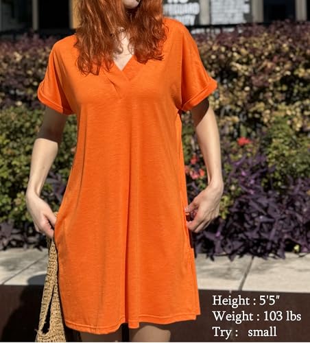 Women's Beach Coverup T-Shirt Dress with Pockets - Orange Medium