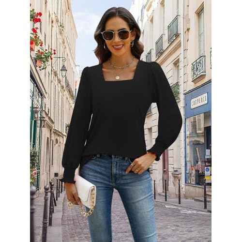 MixShe Womens Square Neck Blouses 2025 Fall Fashion Long Sleeve Casual Stretchy Pullover Tops