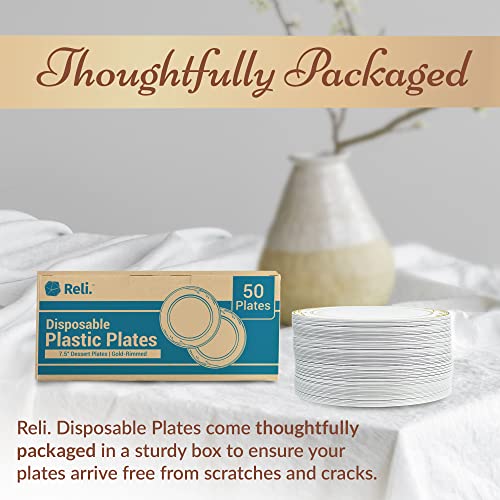 Disposable Plastic Dessert Plates 7.5 Inch White with Gold Rim - Pack of 50