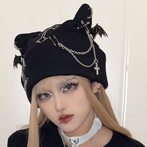 Y2k Goth Beanie Hats for Women Winter Punk Emo Grunge Cat Ear Knitted Cap Gothic Streetwear Halloween Accessories
