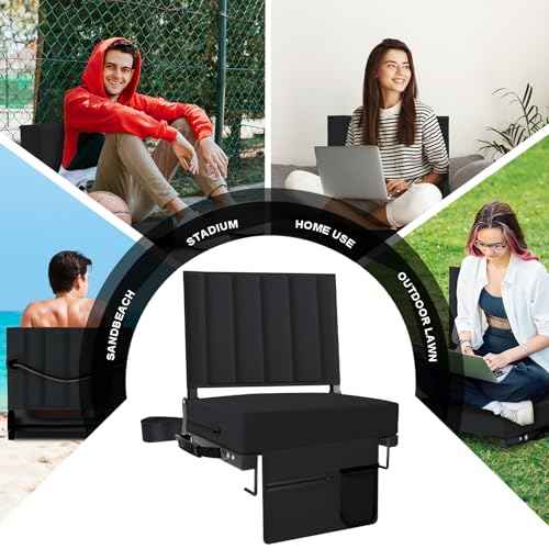 Stadium Seat for Bleachers with Back Support and Cushion, Bleacher Seats with Shoulder Strap and Cup Holder, Padded Portable Folding Comfort Stadium Chair, for Sports Events, Black (1pcs)