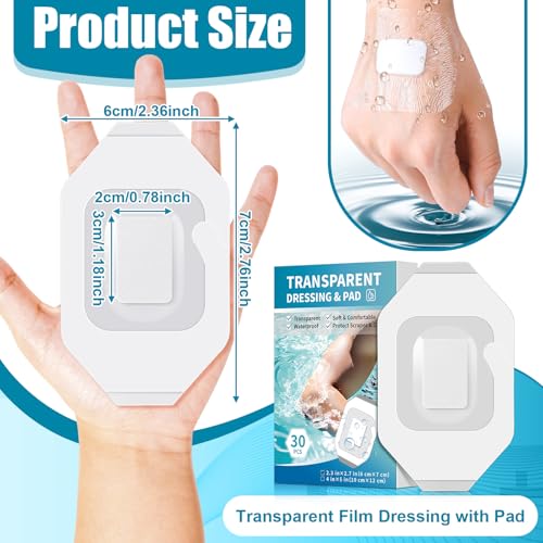 Geiserailie 30 Pack Transparent Film Dressing with Pad, Waterproof Adhesive Bandages, Wound Cover Patches, Clear Barrier Film for Showering, Swimming, Tattoo(2.36 x 2.76 Inches)