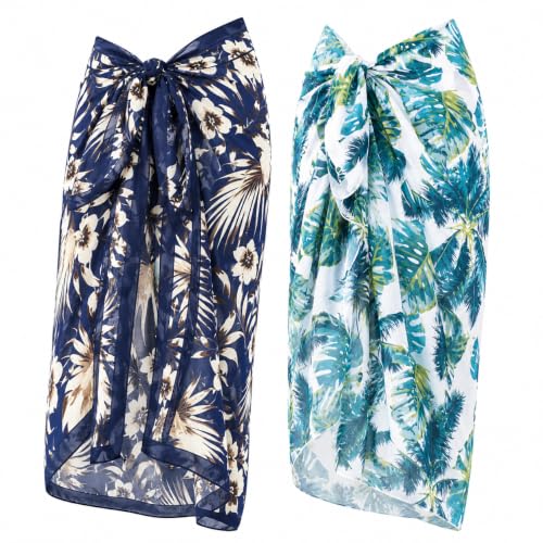 Women Sheer Beach Sarong Wrap - Blue Flowers & Coconut Tree, Long Chiffon Coverup