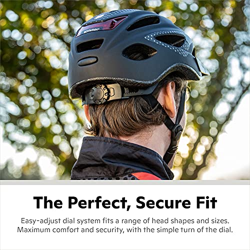 Schwinn Beam Lighted Helmet for Adults, Size 58 - 62 cm for Riders Ages 14+, Rear LED Light, Reflective Strips, Adjustable Dial and Straps, 17 Air Vents, Removable Visor, Adult Bike Helmet
