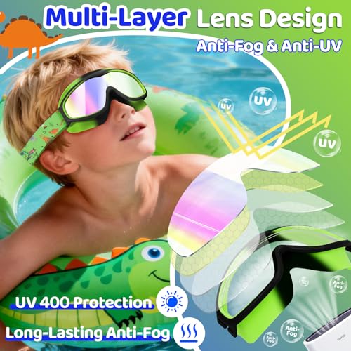 Kids Swim Goggles with Fabric Strap Anti-Fog - Dinosaur Green & Blue