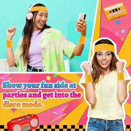 Neon Sweatbands Set, 80s Headband and Wristband Sweatbands for Women Men, Wicking Bands for Sports, Party Costume Accessories