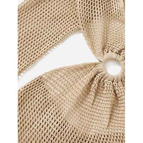 MakeMeChic Women's Crochet Cover Up Long Sleeve Knitted Swim Beach Cover Up Dress Swimwear