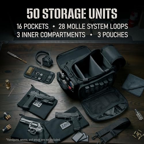 Tactical Gun Range Bag with Pistol Cases, MOLLE Organizer & Ear Protection