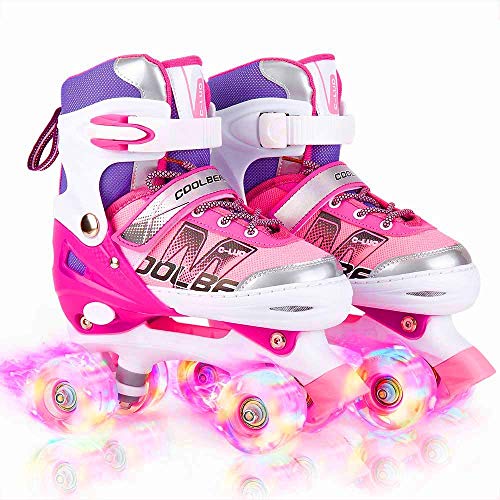 Pink Adjustable Roller Skates for Girls and Women, All 8 Illuminating Wheels, Large (3-6 US)