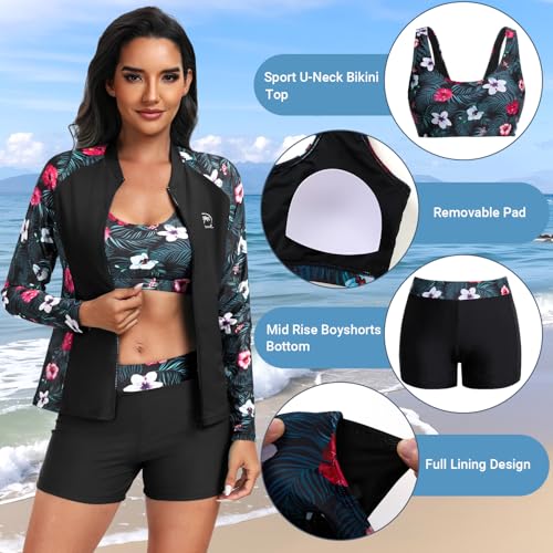 Women's 3 Piece Rash Guard Set Large Black Floral Swimwear