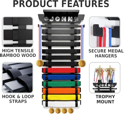 12 Belt Karate Belt Display Rack with Trophy Mount - Bamboo Martial Arts Organizer - Variation of THIS listing