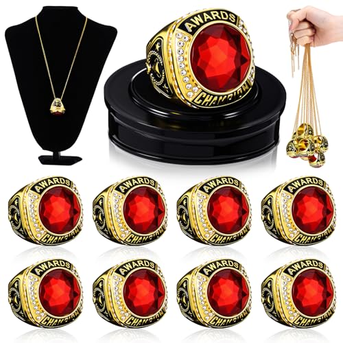Landical 10 Pack Championship Rings with Chains and Display Stand - Red Gold Variation