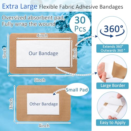Geiserailie 30 Pcs Flexible Extra Large Adhesive Bandages 5" x 3" Sterile Fabric Adhesive Bandages with Non Stick Pad, Latex Free for Wound Care