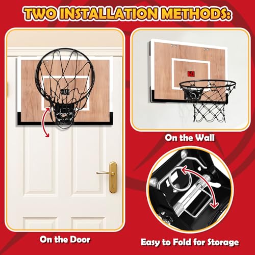 Indoor Mini Basketball Hoop Set with Scoreboard - Wall & Door Mount, 3 Balls, Pump - Score Version