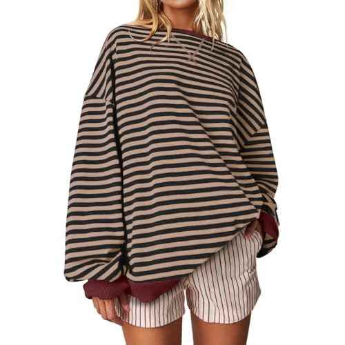 UEU Women Oversized Striped Crewneck Sweatshirt Long Sleeve Color Block Pullover Tops Casual Loose Workout Shirt