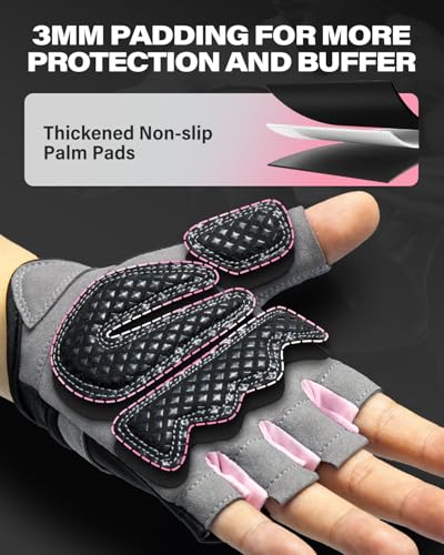 VINSGUIR Workout Gym Gloves with Grip Foam Padding - Black Pink, Medium