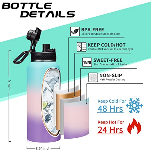Insulated Stainless Steel Water Bottle 32oz with Straw & Paracord Handle - Gradient Green Pink Purple
