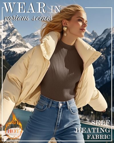 Women's Ribbed Thermal Mockneck Long Sleeve Tops - Medium Dark Brown Mocha Light Khaki Apricot