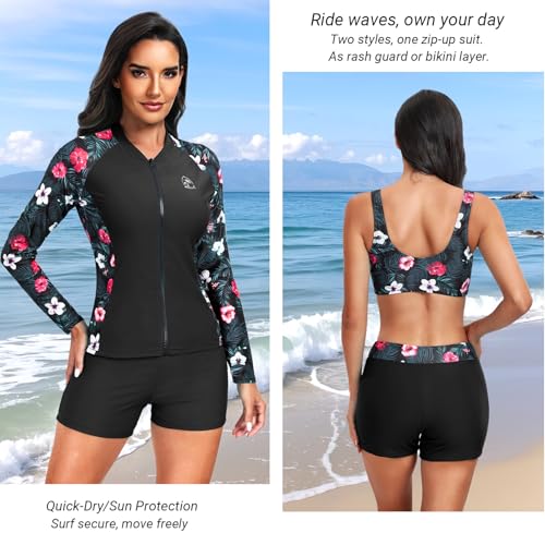 Women's 3 Piece Rash Guard Set Large Black Floral Swimwear