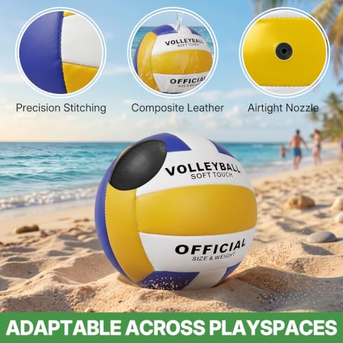 Official Size 5 Volleyball Set with Pump & Mesh Bag - 6 Soft PU Leather Balls - Yellow-Blue-White